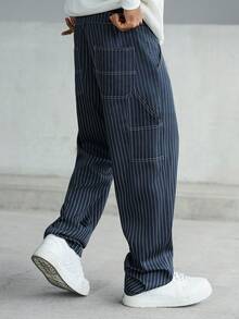 Manfinity EMRG Men's Striped Loose Pocket Casual Pants Baggy Clothes For Men Mens Navy Pinstripe Pants Mens Navy Blue Pin Strip Pants Mens Pinstripe Baggy Pants - Black and White - View 4