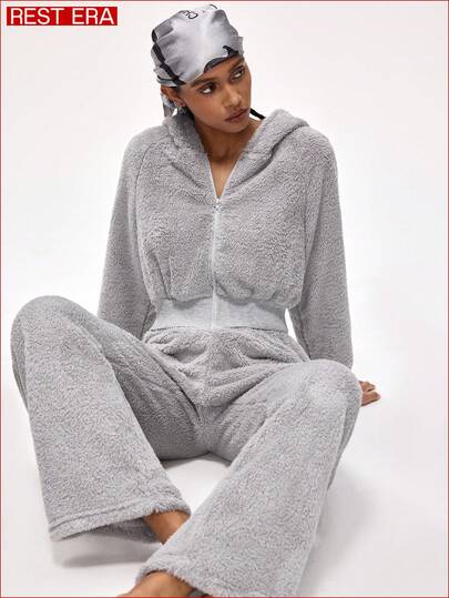 Rest Era Conjunto de ropa casual de estar en casa y para exteriores, prendas de invierno esponjosas para mujer