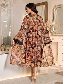 LuxeNights 两件套女士优雅印花缎面吊带连衣裙和睡袍睡衣套装 - 彩色 - 查看 2