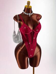 Amplova Burgundy Sexy Sleeveless Cami Bodysuit For Women With Sheer Fabric And Rhinestones