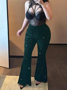 Vibekara 大码黑色水钻装饰修身喇叭裤 - 墨綠色 - 查看 7