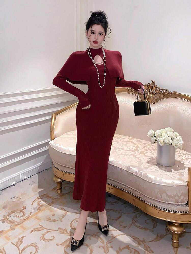 Women's Solid Color Collar Shawl Top And Long Sleeve Fitted Dress Elegant 2 Pieces Set Valentine's Day