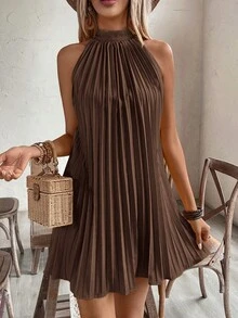 Breezaya Halter Off-Shoulder  Pleated Holiday Casual Dress For New Year Clothes Vacation Beach Outfits Women