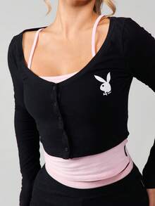 Missguided x Playboy Bộ đồ ngủ Pijama dài tay cài nút phía trước, ống loe, cạp cao, dệt kim gân, thoải mái - màu đen - Xem 5