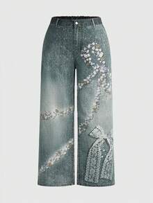 ROMWE Grunge Punk Grunge朋克街头亚文化复古少女蕾丝蝴蝶结水钻印花牛仔裤，大码女式宽松Y2K休闲牛仔裤 - 淺色水洗藍 - 查看 1