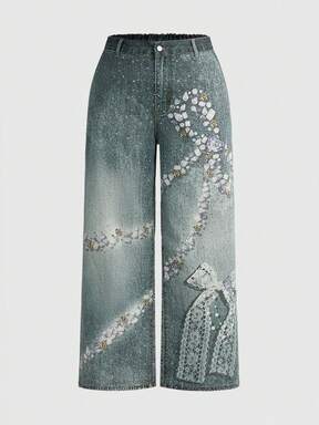 Grunge Punk Grunge-Punk Streetwear Subculture Retro Girly Lace Bow Rhinestone Ribbon Print Jeans, Plus Size Women Loose Y2K Casual Denim Pants