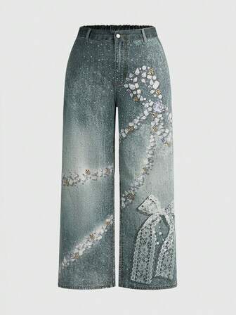 Grunge Punk Jeans con estampado de lazo, encaje, cinta y cristales de estilo retro grunge-punk y subcultura callejera, para mujeres de talla grande con diseño holgado y casual de estilo Y2K