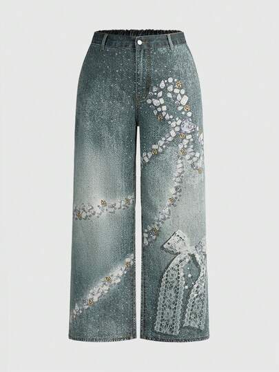Grunge Punk Jeans con estampado de lazo, encaje, cinta y cristales de estilo retro grunge-punk y subcultura callejera, para mujeres de talla grande con diseño holgado y casual de estilo Y2K