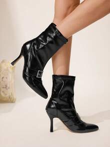 CUCCOO CHICEST Women's Casual Buckle Decor Mid-Calf Boots, Minimalist Style For Autumn/Winter For Christmas - Black - View 7