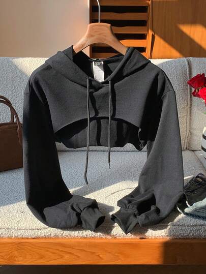 Drawstring Detail Super Crop Hoodie-Black And White,Long Sleeve Tops In Fall/Winter