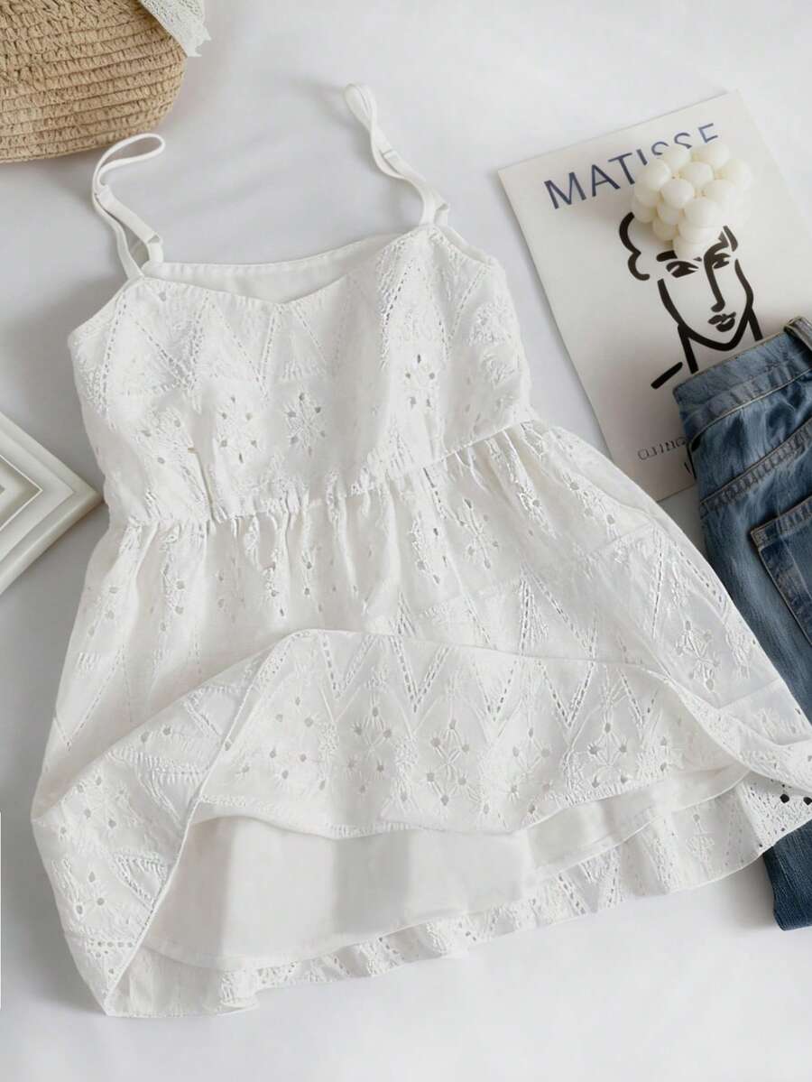 Resyla Niche Hollow Embroidery Camisole Summer Youthful Doll Shirt Vacation Style Sleeveless Top For Women - White - View 1