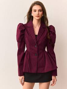 Revavyn Women's Puff Flower Hem Lantern Sleeve Notched Collar Striped Blazer Jacket - Burgundy - View 3
