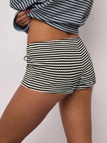 SHEIN BAE 女士时尚性感条纹系带短裤 - 黑色 - 查看 2