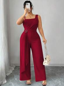 Elenzga Plus Size Women Elastic Knit Elegant Jumpsuit Pants, Metal Buckle, Asymmetric Design - Burgundy - View 7