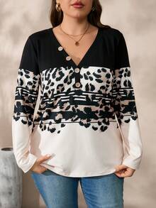 EMERY ROSE Plus Size Women V-Neck Leopard Print Long Sleeve Button Down Fitted T-Shirt - Black - View 6
