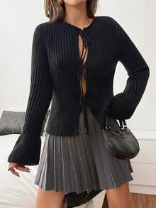 Women Bow Tie Front Rib Knit Sweater Long Sleeve Black Color Slim Fit - Black - View 6