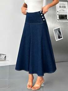 EURMUSE High Waist Button Wrap Elegant Denim Skirt - Dark Wash - View 4