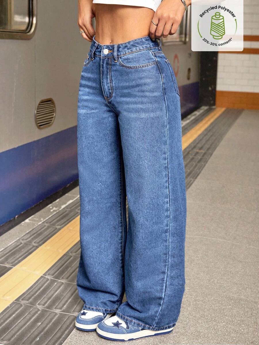 SHEIN Tall 女士休闲日常宽松牛仔裤，带口袋和纽扣 - 藍色 - 查看 1