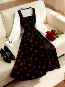 Chiquease 长袖连衣裙，心形印花面料，撞色雪纺，后背拉链 - 彩色 - 查看 8