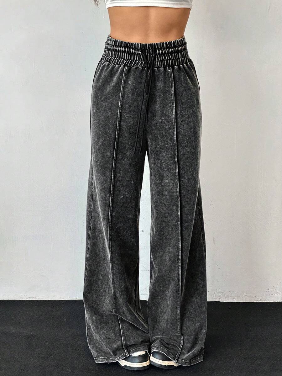 SHEIN 少女休闲做旧水洗黑灰色高腰阔腿运动裤