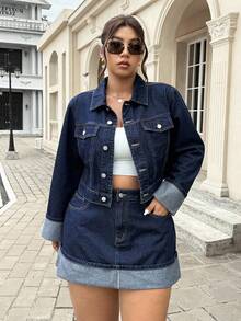 SHEIN ICON Chân váy chữ A denim ôm cạp cao cỡ lớn có viền bo lên - Rửa tối - Xem 8