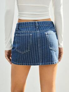 Maija 女士条纹牛仔迷你裙，都市通勤商务休闲风，优雅百搭，适合感恩节、圣诞节、新年派对等场合，休闲时尚牛仔裙 - 中等水洗藍 - 查看 2