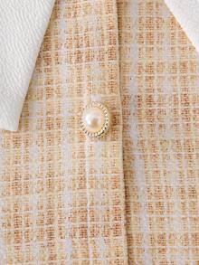 SHEIN 女童卡其色格子褶裥下摆立领前开襟针织连衣裙，适合优雅、日常和通勤穿着。 - 卡其色 - 查看 7