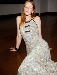 Arave Vestido de fiesta elegante con escote en V y cuello halter con lentejuelas para mujer