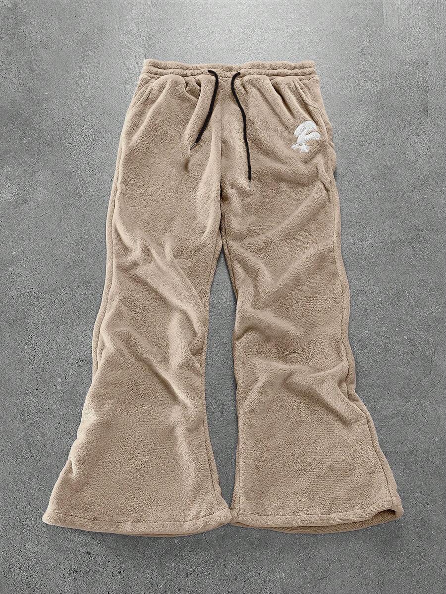 Manfinity Roghcode Men's Letter Embroidered Drawstring Waist Fluffy Sweatpants,Khaki,Autumn,Streetwear,Dress Plush Fleece For Warmth,Coral Wide Leg Flared Bell Bottoms - Brown - View 1