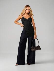 MISSGUIDED Women Lace Trim Cami Tank Top With Fringe Details Asymmetric Hem Sleeveless Blouse Summer Festival - Black - View 3