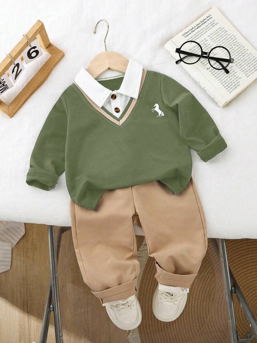 SHEIN Playful Pals طقم طفل ولد، ملابس علوية بولو طويلة الأكمام مريحة مصنوعة من الأكريليك 2 في 1 مع بنطال خصر مطاطي كاجوال، تصميم فريد مناسب للخريف كالعطلات والاستخدام اليومي وما شابه - أخضر عسكري - مشاهدة 1