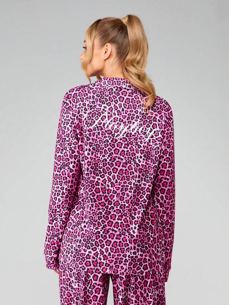 Missguided x Playboy Leopard Print Button Front Pajama Set With Wide Leg Pants