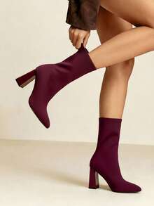 Daringsoles Women's Pointed Toe Chunky High Heel Slip-On Knit Tight Fit Ankle Boots For Christmas - Burgundy - View 1