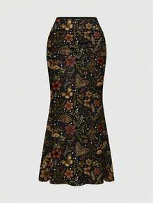 ROMWE Fairycore 秋冬季自然风植物印花褶皱修身半身裙，深色褶皱植物图案，咖啡棕色蝴蝶，日月图案，女士款 - 黑色 - 查看 2