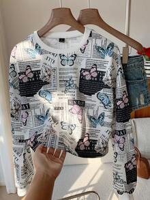 SHEIN EZwear Bluza z krótkim rękawem i wzorem motyli i napisów, z długim rękawem, jesień/zima - Wielokolorowe - Zobacz 6