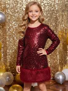 一件装可爱少女休闲简约优雅长袖连衣裙，裙摆饰有亮片和绒面缝线。适合生日派对、晚宴、演出、婚礼、洗礼和开幕式等场合。也适合日常穿着。适合母亲节/母女装。适合秋冬季节。 - 紅色 - 查看 4