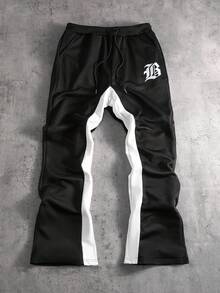 PAVTROS 男士字母图案双色叠穿运动裤，外出时尚长款抽绳喇叭裤拼色运动裤，适合送给老公、男朋友的礼物 - 彩色 - 查看 3