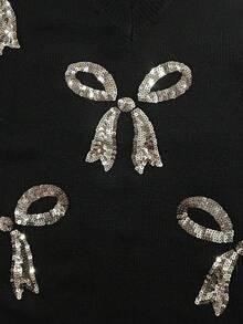 Auvina Maglione taglia comoda a tinta unita con scollo a V, fiocco e ricamo con paillettes, maglione casual ed elegante adatto per Natale, ritorno a scuola, vacanze romantiche, abbigliamento da ufficio