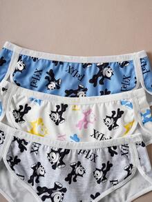 Felix The Cat X SHEIN 3pcs Women's Cute Cartoon Letter Full Print Contrast Binding Comfortable Briefs - Multicolor - View 8