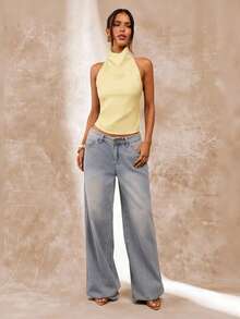 SHEIN BAE Apricot Color Backless Draped Neck Women's Tank Top, Sexy & Elegant Camisole For Spring/Summer - Yellow - View 3