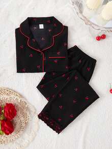 Contrast Trim Cherry Print Lace Trim Girls Pajama Set - Black - View 4