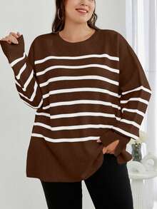 EURMUSE Plus Size Casual Striped Pattern Drop Shoulder Sweater - Chocolate Brown - View 3