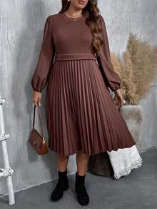 EMERY ROSE Váy thường ngày bằng vải voan và dệt kim gân màu nâu cỡ lớn dành cho nữ, mùa xuân/thu - màu nâu - Xem 3