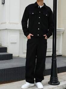 Manfinity EMRG Men's Dark Blue Denim 2 Pieces Set, Casual Jacket And Loose Fit Pants, Spring/Autumn