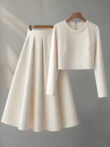 Franclia Fashionable Elegant And Versatile Round Neck Bubble Beads Apricot Long-Sleeved Top High Waist Women's Skirt Bottoms Spring And Autumn Women's Two-Piece Suit Women's Autumn Matching Women's Suit Elegant Women's Set Women's Skirt Suit Maija Fall Winter 2025 Women Maija Autumn Winter Fall Clothes For Women 2 Piece Set For Women Elegant Outfits For Women