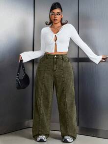 SHEIN Unity Quần jean ống rộng cạp cao, túi hộp, dáng rộng, thường ngày đa năng cho nữ cỡ lớn - xanh quân đội - Xem 3
