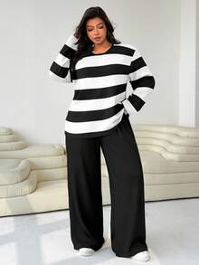 SHEIN EZwear Bộ đồ hai mảnh cổ tròn sọc đen trắng cỡ lớn dành cho nữ, áo phông dài tay và quần dài thường ngày, bộ đồ thu đông cho nữ, bộ đồ mặc nhà thoải mái, bộ đồ hai mảnh dài tay - Đen và trắng - Xem 5