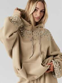 MISSGUIDED Rhinestone Embellished Pullover Hoodie With Crystal Details And Drawstring For Casual Streetwear Winter Fall Fashion - Khaki - View 1
