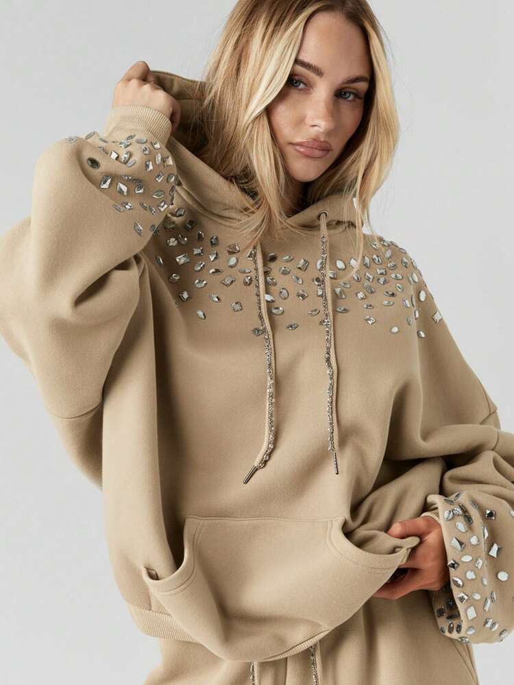 MISSGUIDED Rhinestone Embellished Pullover Hoodie With Crystal Details And Drawstring For Casual Streetwear Winter Fall Fashion