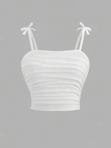 Sparklyn 2pcs Teenage Summer Vacation Set - White Pleated Camisole Top & Blue Printed Mini Skirt